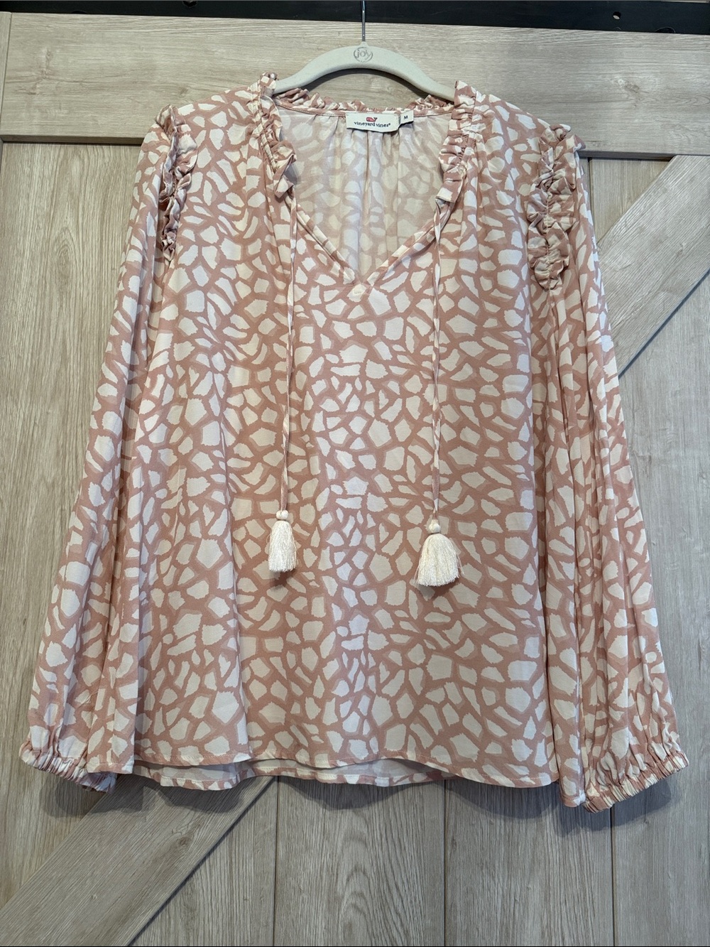 Vineyard Vines Tan and Cream Printed Tassel Tie Blouse